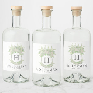 Watercolor Green and White Hydrangea Crest Liquor Bottle Label