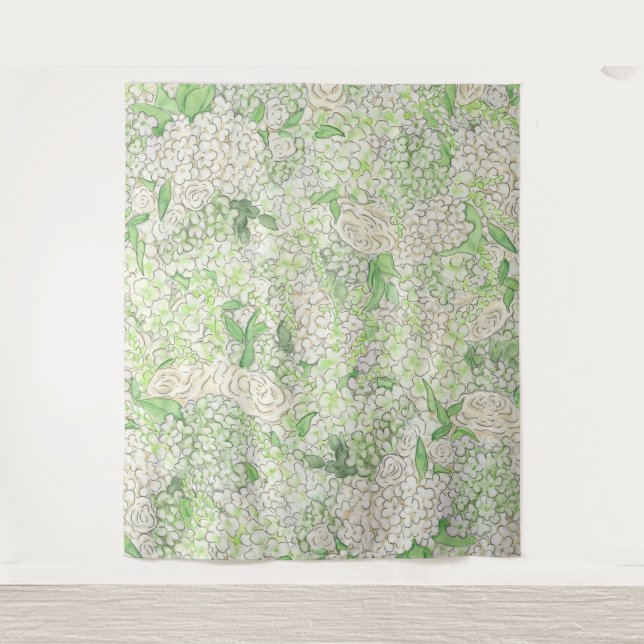 Watercolor Green and White Hydrangea Crest Tapestry (Front)