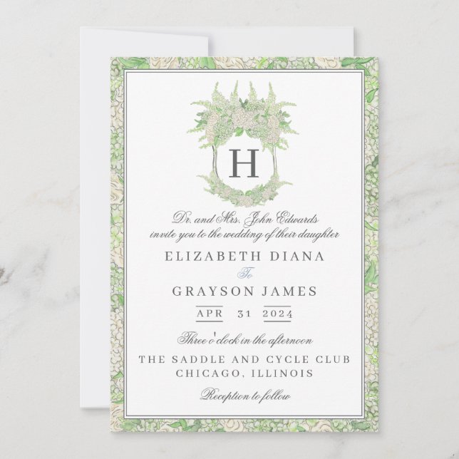 Watercolor Green and White Hydrangea Crest Wedding Invitation (Front)