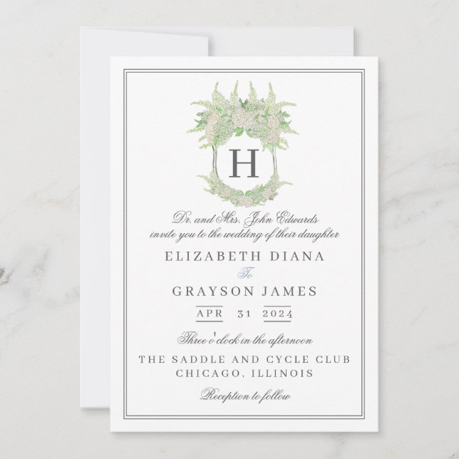 Watercolor Green and White Hydrangea Crest Wedding Invitation (Front)