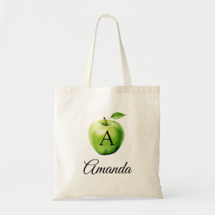 Watercolor Green Apple Name Monogramed Tote Bag