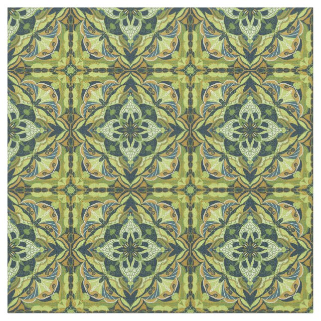 Watercolor Green Azulejo Spanish Tile Fabric (Close Up)