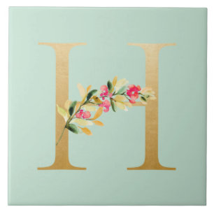 Watercolor green background faux golden H floral Tile