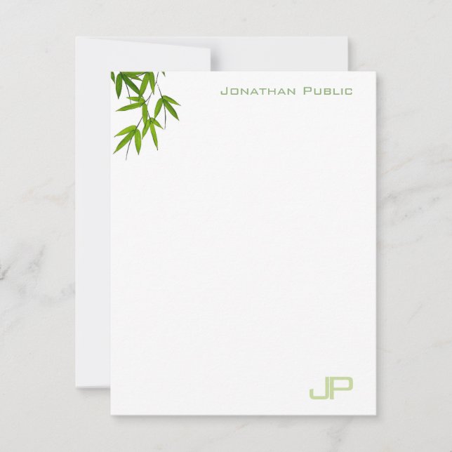 Watercolor Green Bamboo Leaves Monogram Modern Card (Front)