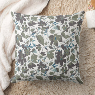 Watercolor Green Blue Clematis Vine Flowers Patter Cushion
