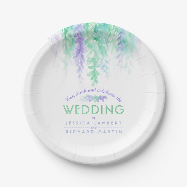 Watercolor green blue custom wedding plates (Front)