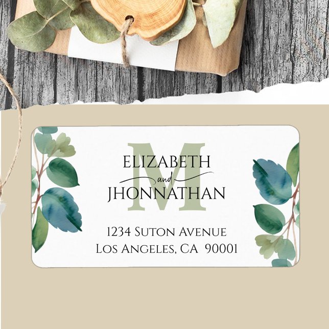 Watercolor Green blue eucalyptus Monogram Wedding Label (Creator Uploaded)