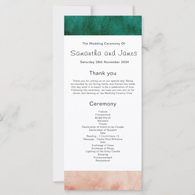 Watercolor Green Blush Pink Wedding Program (Front)