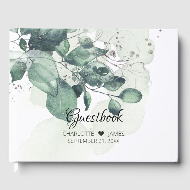Watercolor green botanical personalised wedding guest book (Front)