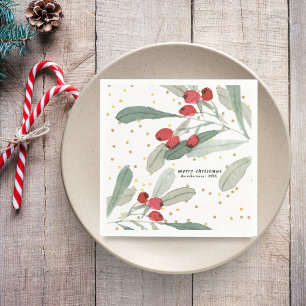 Watercolor Green Botanical Red Berries Custom Napkin