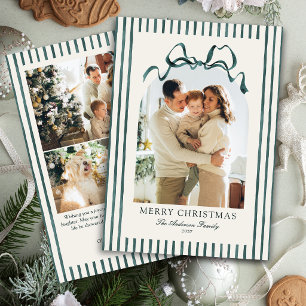 Watercolor Green Bow & Stripes Christmas 4 Photo Holiday Card