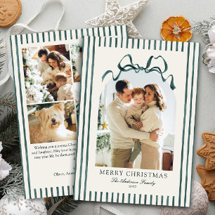 Watercolor Green Bow & Stripes Christmas 5 Photo Holiday Card