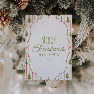 Watercolor Green Bow Winter Trees Frame Christmas Holiday Card