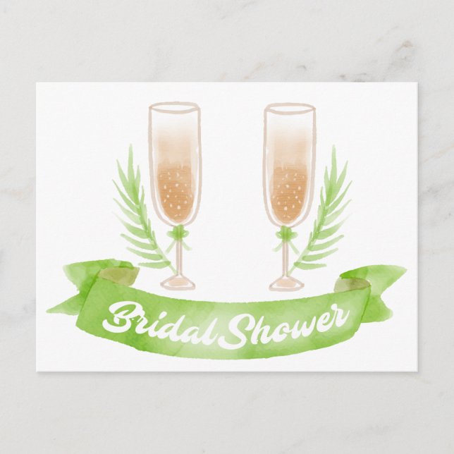 Watercolor Green Bridal Shower Champagne  Glasses Invitation Postcard (Front)