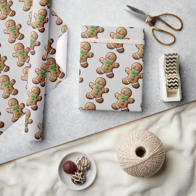 Watercolor Green & Brown Gingerbread Man Pattern Wrapping Paper (Crafts)
