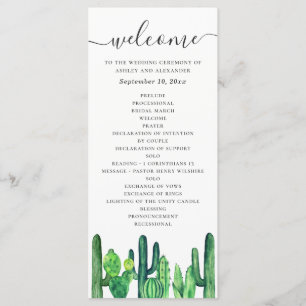 Watercolor green cactus and succulents wedding programme