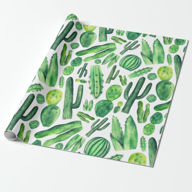 Watercolor green cactus Botanical pattern Nature Wrapping Paper (Unrolled)