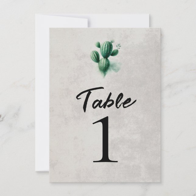 Watercolor Green Cactus Grey Wedding Table Number (Front)