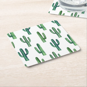 Watercolor green cactus pattern. Botanical cacti Square Paper Coaster