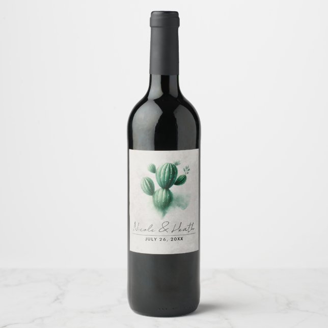 Watercolor Green Cactus Southwest Wedding Wine Label (Front)