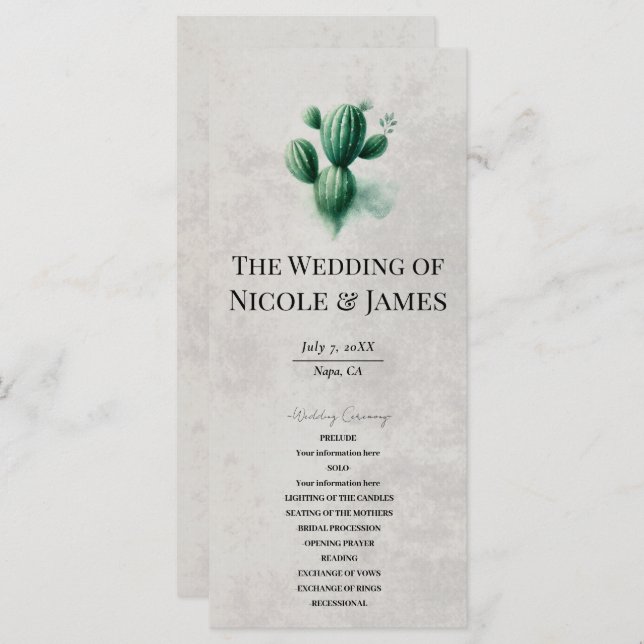 Watercolor Green Cactus Stone Grey Wedding Program Menu (Front/Back)