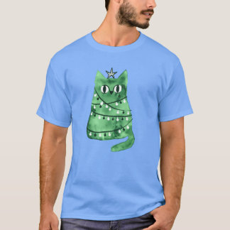 Watercolor green Christmas cat Christmas Cat T-Shirt