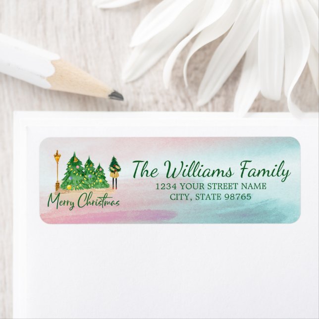 Watercolor Green Christmas Trees Return Address (Insitu)