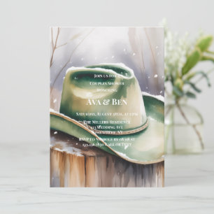 Watercolor Green Cowboy Hat in Snow Couples Shower Invitation