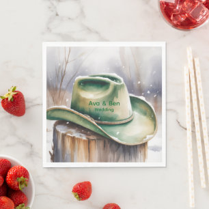Watercolor Green Cowboy Hat in Snow Wedding Napkin