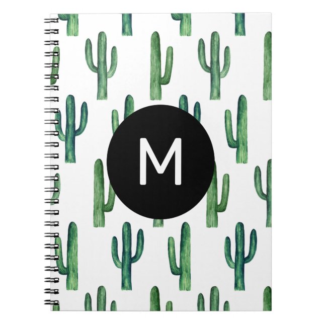 Watercolor green cute cactus pattern. Monogram Notebook (Front)