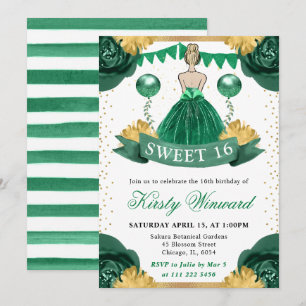 Watercolor Green Dress Blonde Princess Sweet 16 Invitation