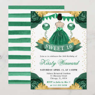 Watercolor Green Dress Brunette Princess Sweet 16 Invitation