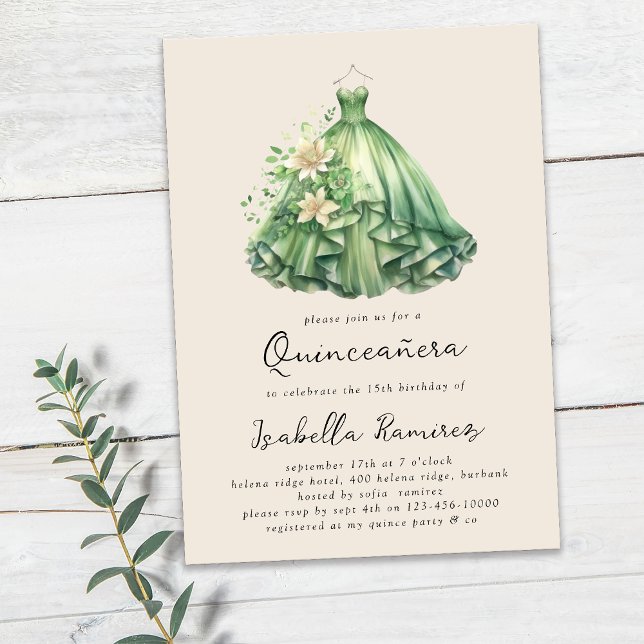 Watercolor Green Dress Elegant Quinceañera  Invitation (Creator Uploaded)
