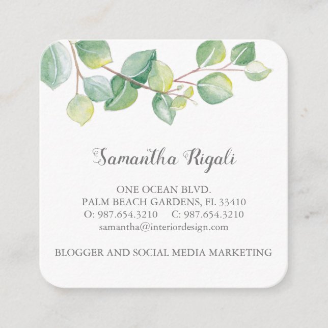Watercolor Green Eucalyptus Business Card (Front)