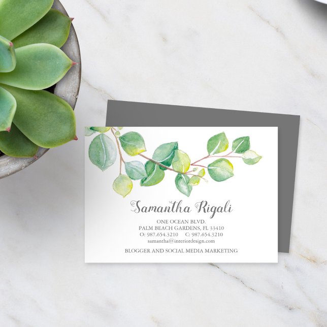 Watercolor Green Eucalyptus Business Card (Business card botanical eucalyptus leaves watercolor art by Victoria Grigaliunas)
