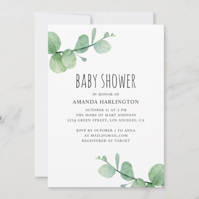 Watercolor green eucalyptus. Greenery baby shower Invitation (Front)