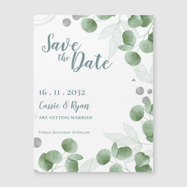 Watercolor Green Eucalyptus Wedding Save the Date (Front)