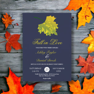 Watercolor Green Fall Leaves Blue Floral Wedding Invitation