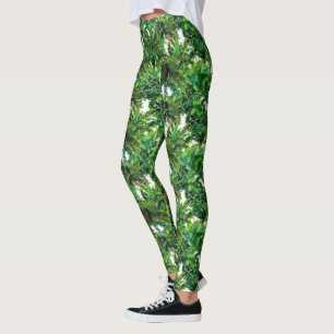 Watercolor green fern forest fall pattern leggings