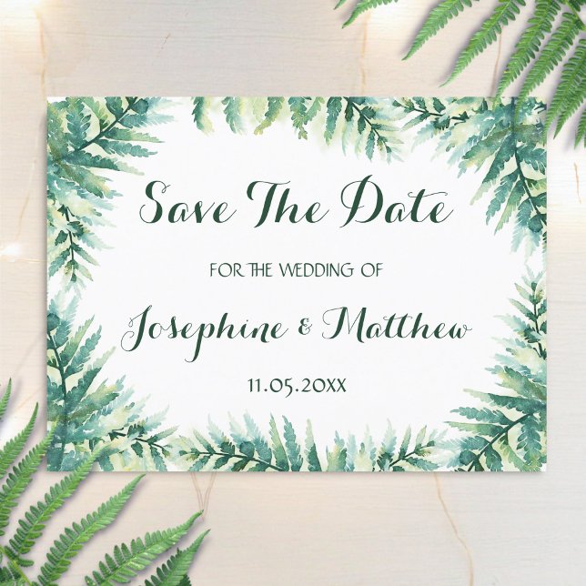 Watercolor Green Fern Save the Date Announcement Postcard (Creator Uploaded)