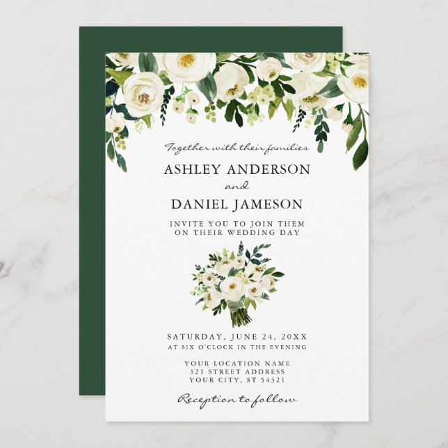 Watercolor Green Floral Bouquet Elegant Wedding Invitation (Front/Back)
