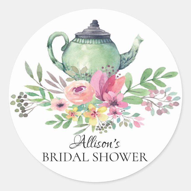 Watercolor Green Floral Bridal Tea Party Sticker (Front)