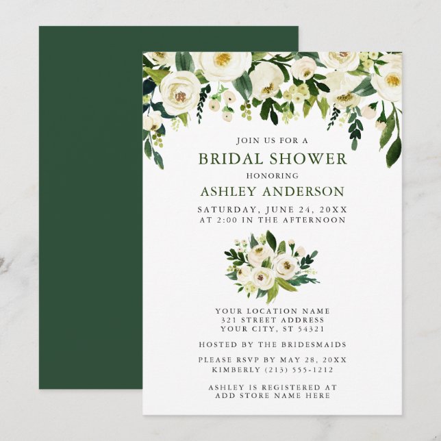 Watercolor Green Floral Elegant Bridal Shower Invitation (Front/Back)