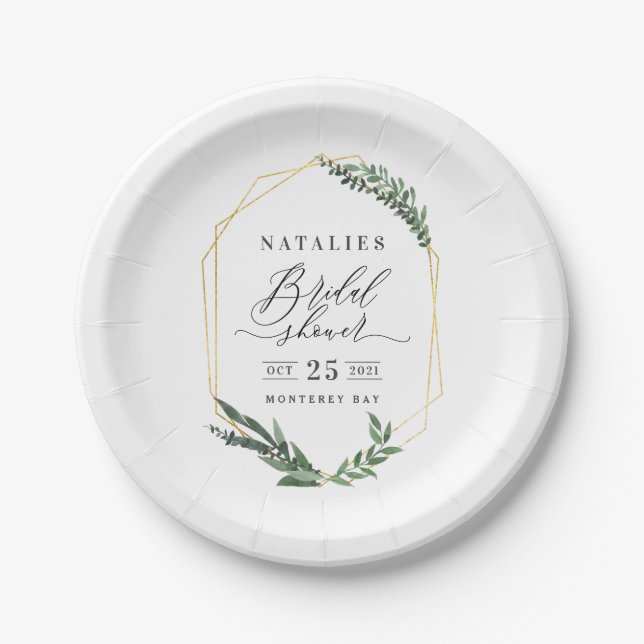 watercolor green floral elegant bridal shower  paper plate (Front)