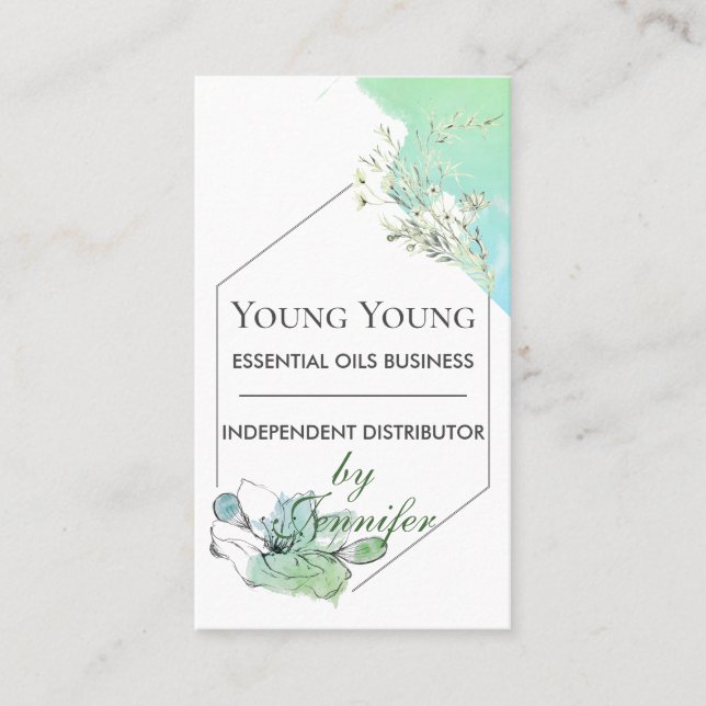Watercolor Green Floral Essential Oils Living Business Card (Front)