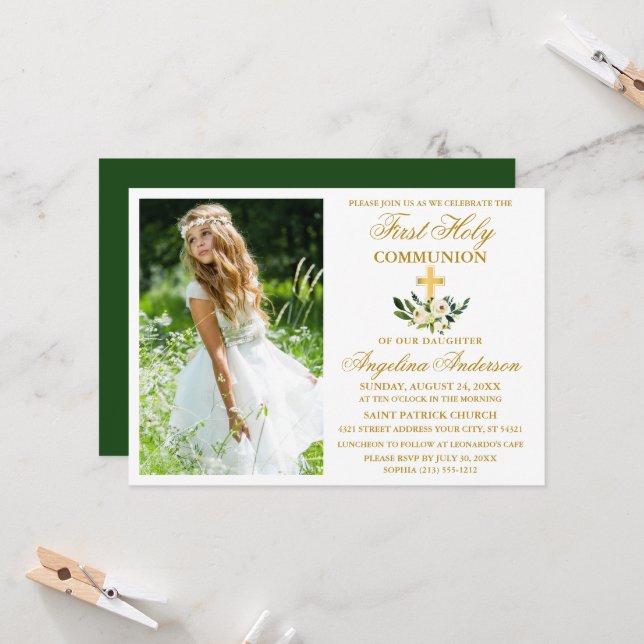 Watercolor Green Floral First Holy Communion Invitation (Front/Back In Situ)