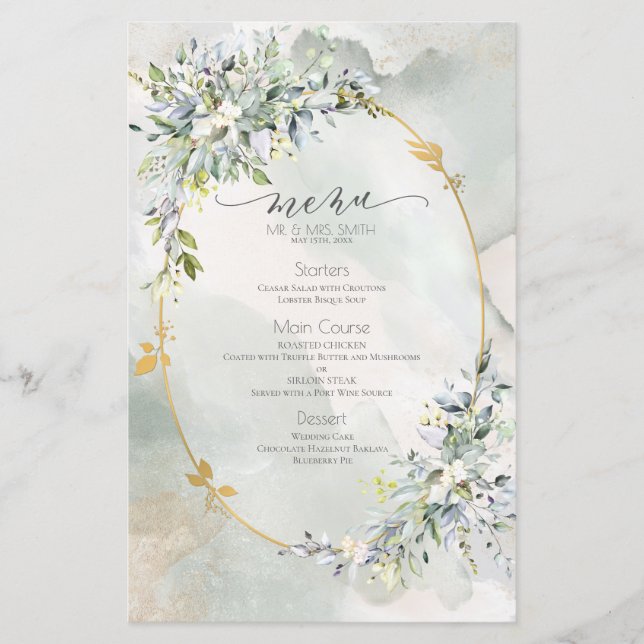 Watercolor Green Floral Gold Frame Wedding Menu (Front)