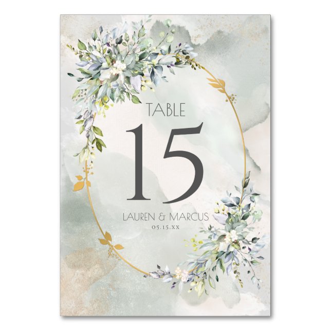 Watercolor Green Floral Gold Frame Wedding Table Number (Front)