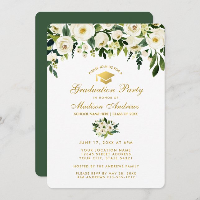 Watercolor Green Floral Graduation Party Invite BG (Front/Back)