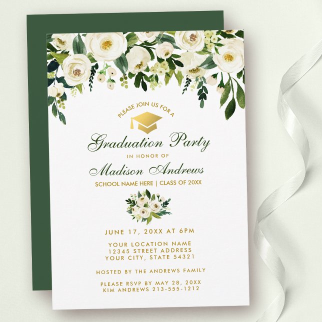 Watercolor Green Floral Graduation Party Invite GB (Customize to change text size, color, style or to change color of back of card.)